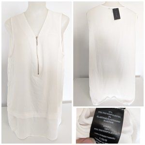 Chic White Sleeveless V Neck Blouse Camisole W/ Front Zipper Sz L, NWOT